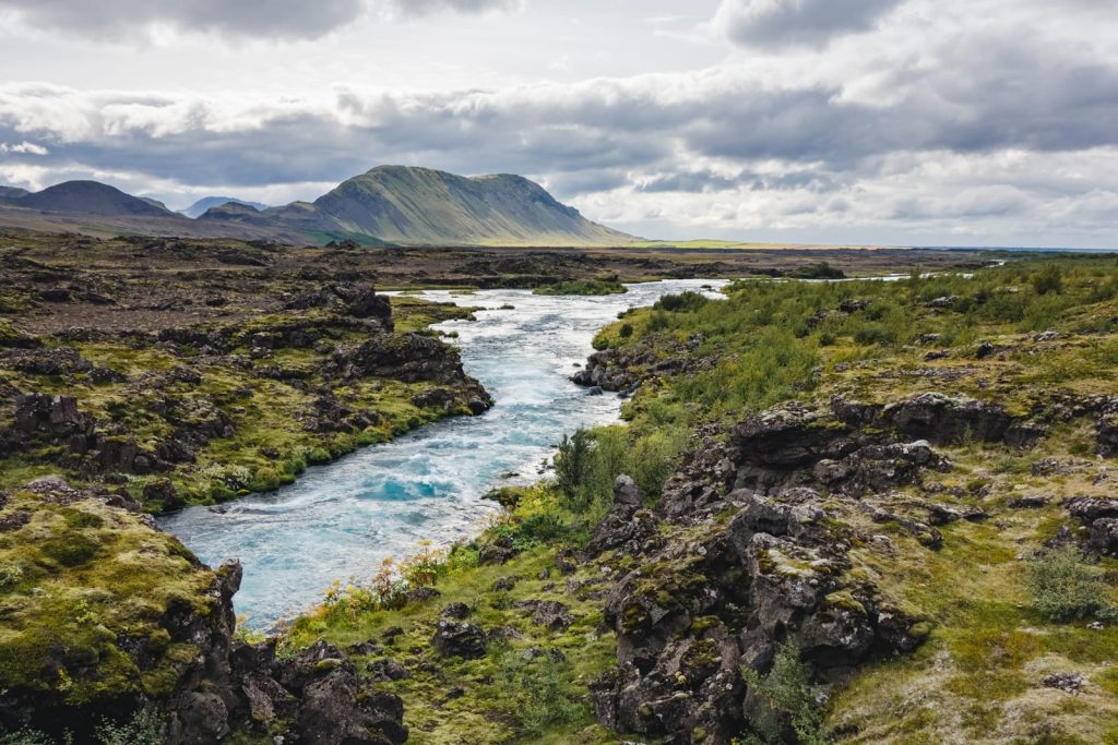 blue river dividing a green, mossy landscape