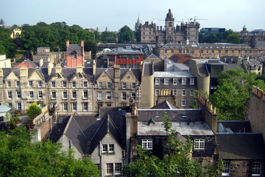 A view of buildings lining Grassmarket, Edinburgh